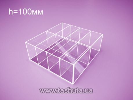 Коробка, контейнер із оргскла 200х200х100 мм на 8 відділеннь 
