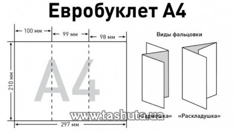 Буклет А4 сложенный в гармошку, размер в сложенном виде 99х210мм, тираж 500шт