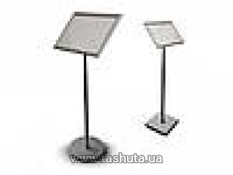 Наклонная информационная стойка с кликсистемой А4, хром (Подставка: Металл + композит серебро мат (квадрат); )