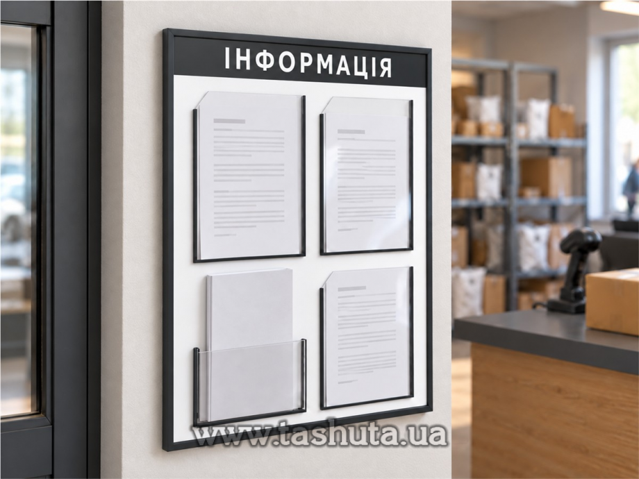 Інформаційний стенд на 3 кишені А4 і 1 кишеню А4 (під книгу), 500х740 мм