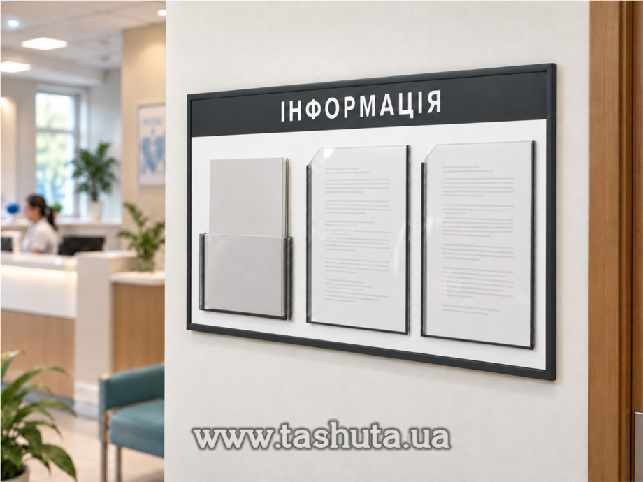 Інформаційний стенд на 2 кишені А4 і 1 кишеню А4 (під книгу), 750х410 мм