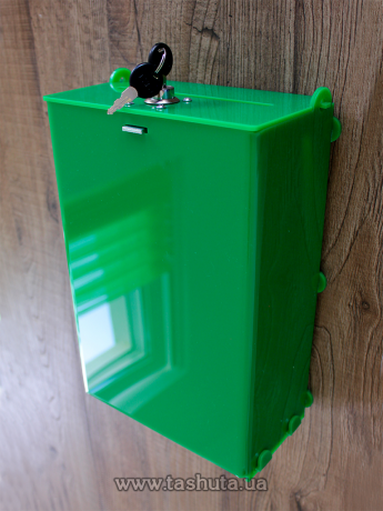 Скринька з кольорового оргскла для збору коштів, пропозицій із замком 200х400х150 мм