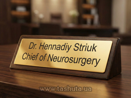 Настільна табличка металева на дерев’яній  основі, 180х60 мм