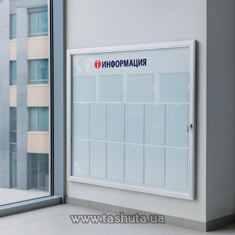 Стенд-витрина с дверцами и замком настенная, 1000х1200 мм