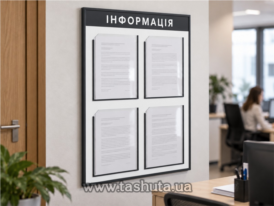 Настінний інформаційний стенд на 4 кишені А4, 500х740 мм